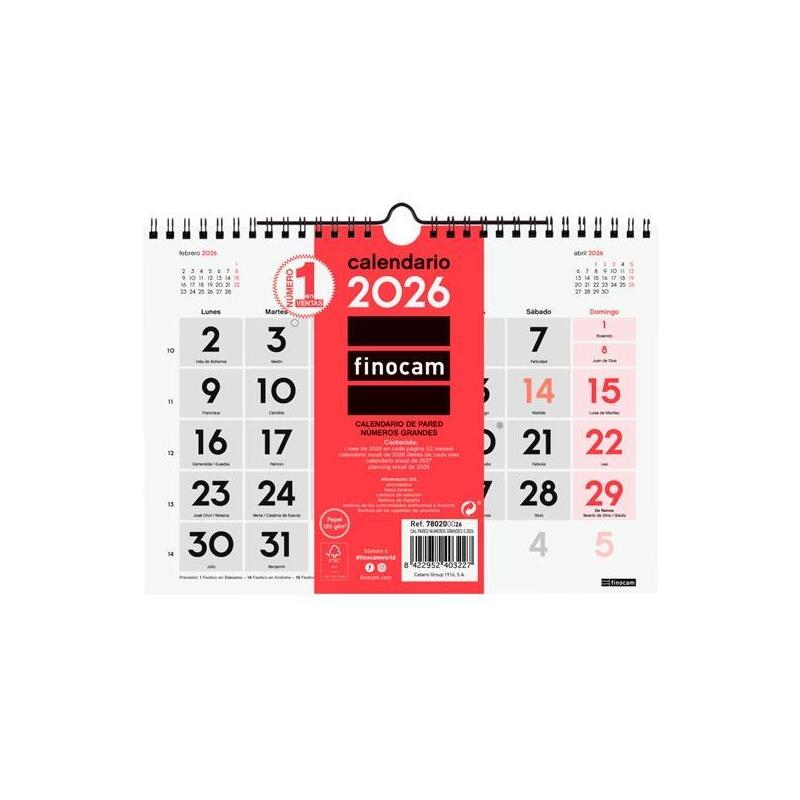 Finocam Calendario De Pared Números Grandes S-210x150mm Mv Neutro 2026