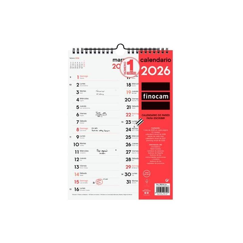 Finocam Calendario De Pared Para Escribir Dos Columnas M-210x300mm Mv Neutro 2026
