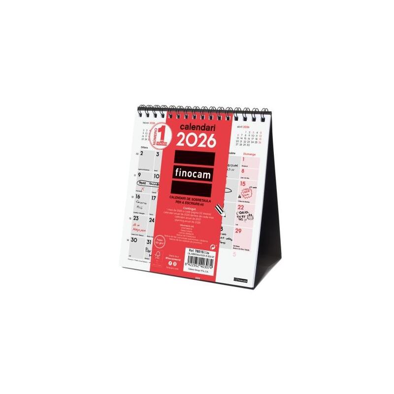 Finocam Calendario De Sobremesa En Catalan - Anual 2026 - 140x70x155mm - Espacio Para Escribir - Blanco Y Rojo