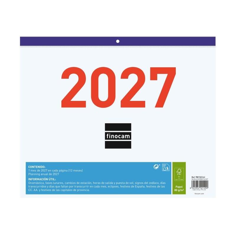 Finocam Calendario Faldilla - Anual 2027 - Mes Vista - Formato F43 - 300x247mm - Papel De 80g/M2 Microperforado -