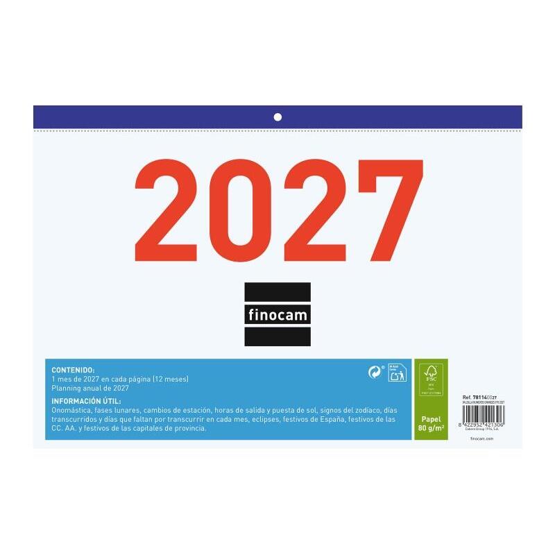 Finocam Calendario Faldilla - Anual 2027 - Mes Vista - Formato F93 - 300x210mm - Papel De 80g/M2 Microperforado -
