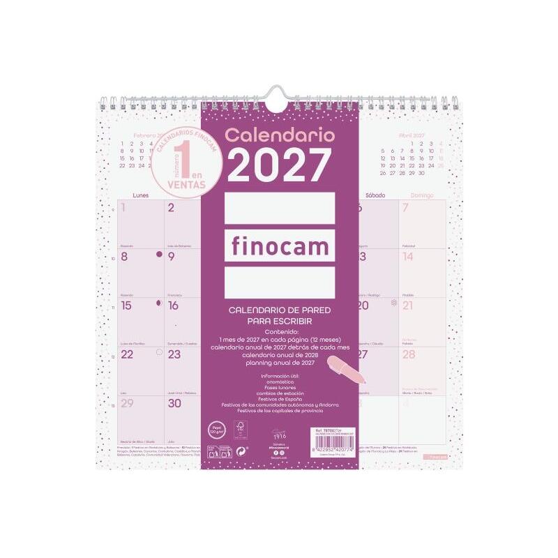 Finocam Chic Calendario De Pared - Anual 2027 - Mes Vista - 300x300mm - Espiral Doble - Papel De 120g/M2 - Espacio Para