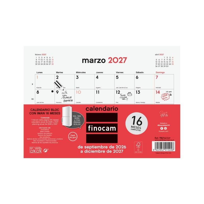 Finocam Neutro Bloc Calendario Con Iman - 16 Meses - Mes Vista - Formato S - 210x150mm - Listado De Festivos - Papel De