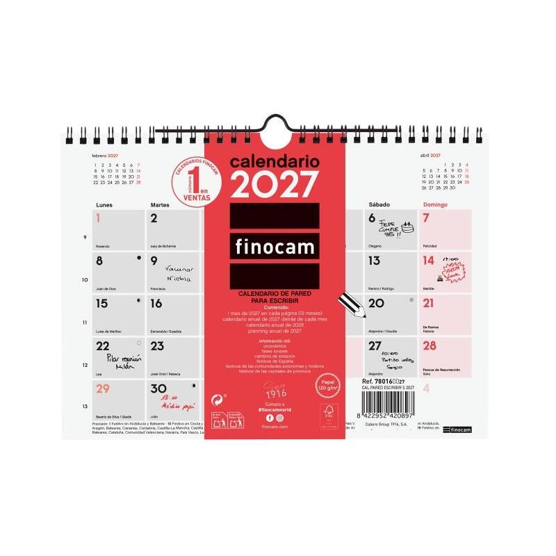 Finocam Neutro Calendario De Pared - Anual 2027 - Mes Vista - Formato S - 210x150mm - Espiral Doble - Papel De 120g/M2