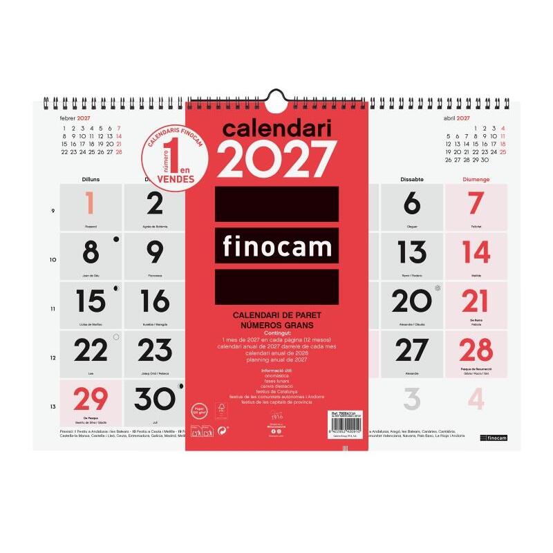 Finocam Neutro Calendario De Pared En Catalan - Anual 2027 - Mes Vista - Formato L - 430x310mm - Espiral Doble - Papel
