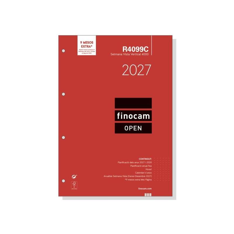 Finocam R4099c Recambio Para Agenda Open En Catalan - Anual 2027 - Semana Vista Vertical - Formato A4 - 210x297mm -