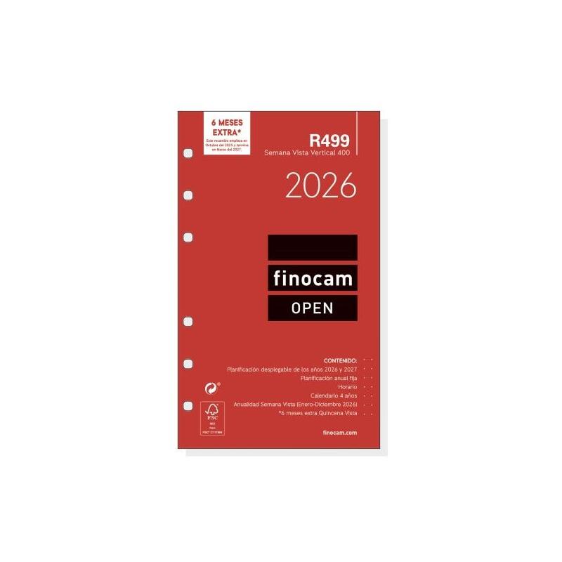 Finocam R499 Recambio Anual 2026 Para Agendas Open 2026 - Formato 400 - 91x8x152mm - Semana Vista En Vertical - Color