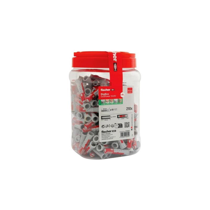 Fischer Dabel Duopow 10x50 Bigbox Gris Claro/Rojo, 210 Piezas, Lata Recuperable 570550