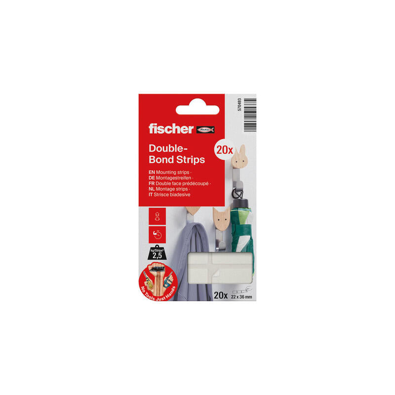 Fischer Gow Tiras De Montaje Fischer, 20 Unidades, Cinta Adhesiva Blanca, 22 X 36 Mm 570493