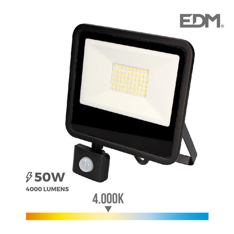 Foco Proyector Led 50w 4000lm 4000k Luz Dia Con Sensor De Presencia 23,8x4,5x19,2cm Edm