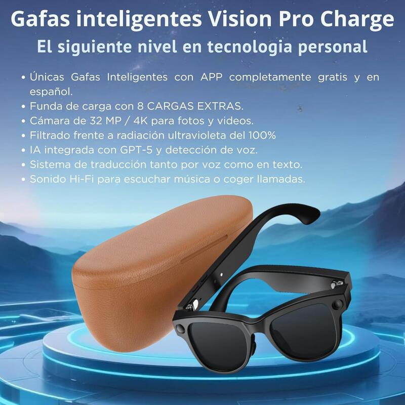 Gafas Inteligentes Smartia Vision Pro Charge - Ia · Cámara 4k · Cancelación De Ruido · Estuche Portátil Con 6 Cargas Extra
