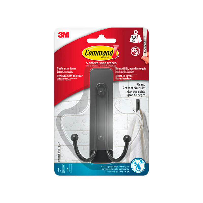 Gancho Doble, Grande, Negro Mate, 1 Ud + 2 Tiras, Máx 1,8 Kg