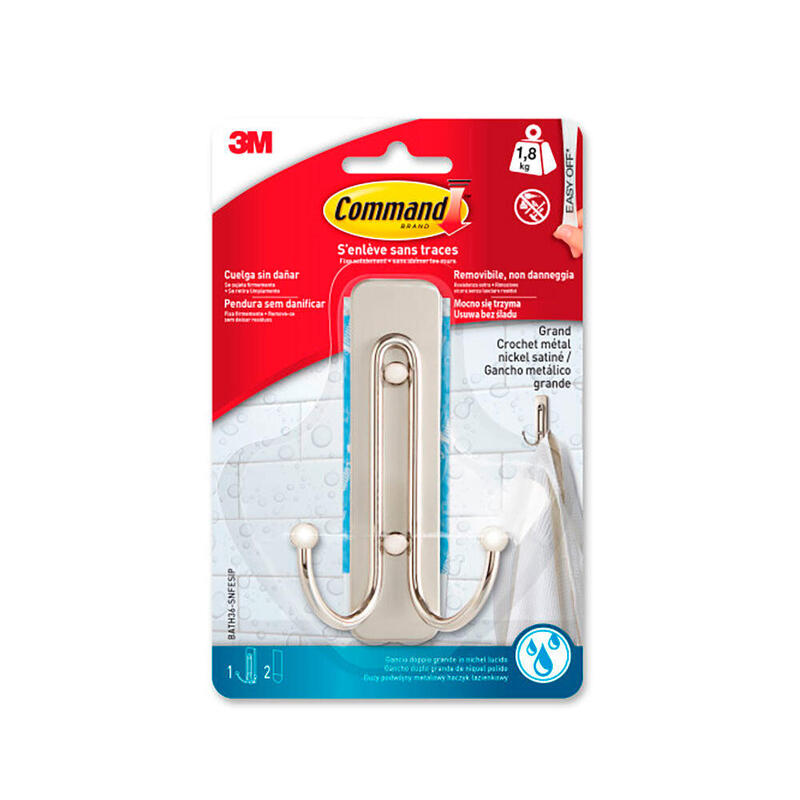 Gancho Doble, Grande, Níquel Satinado, 1 Ud + 2 Tiras,Carga Max 1,8 Kg