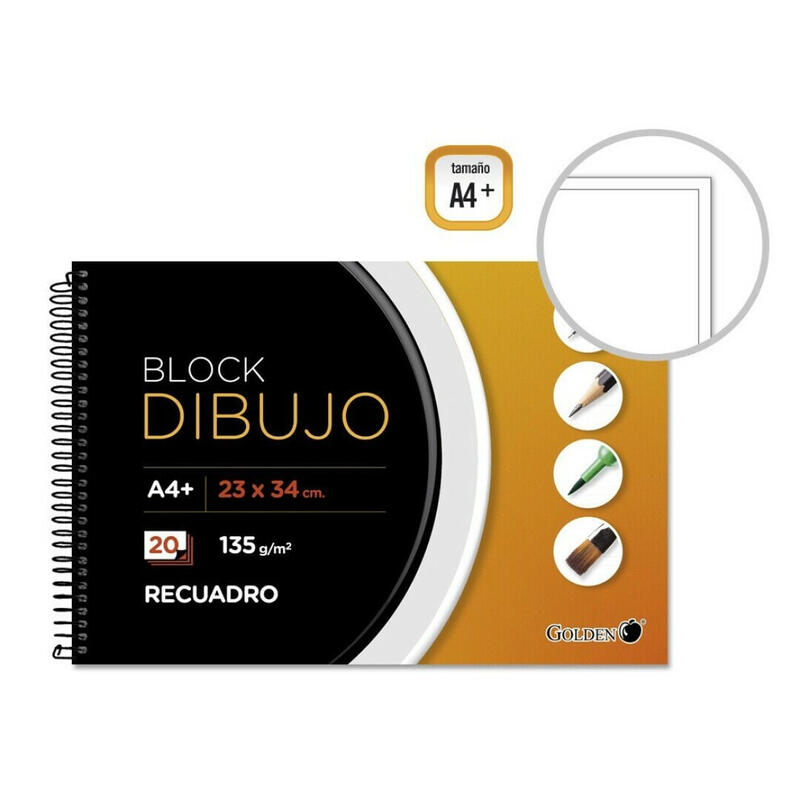 Golden Block Dibujo Espiral 20 Hojas 135 Gr. Con Recuadro 34 X 23 Cm -5u-