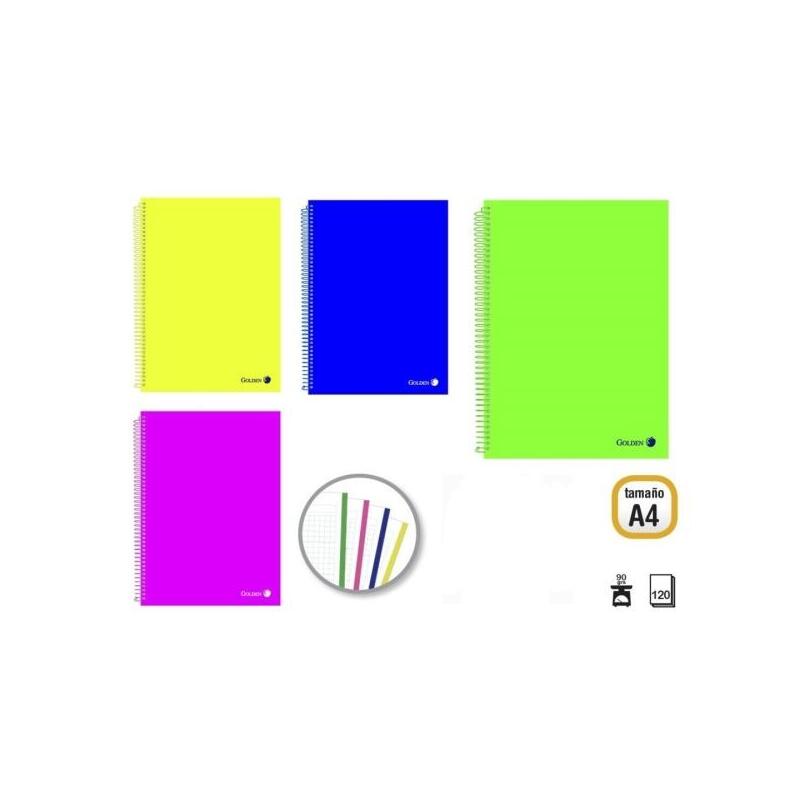 Golden Pack De 4 Cuadernos A4 120 Hojas 90gr Cuadricula 5x5 - Hojas Microperforadas Con Banda De Color Y 4 Taladros -