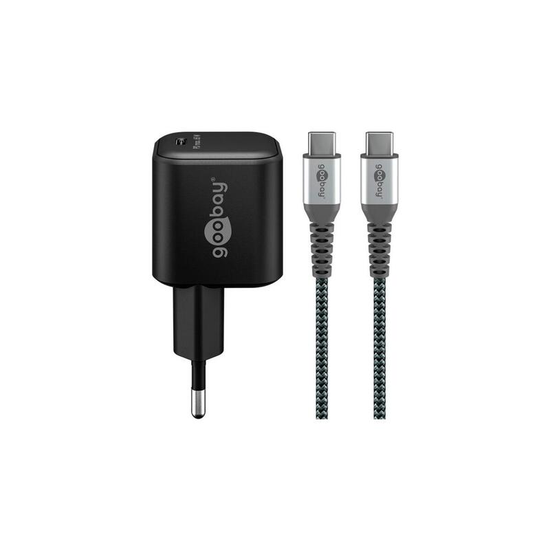 Goobay Juego De Carga Usb-C, Pd, 65 W, Cable Textil Usb-C, Cargador Negro, 1x Usb-C Pd, Gan, Cable De 1 Metro 74774