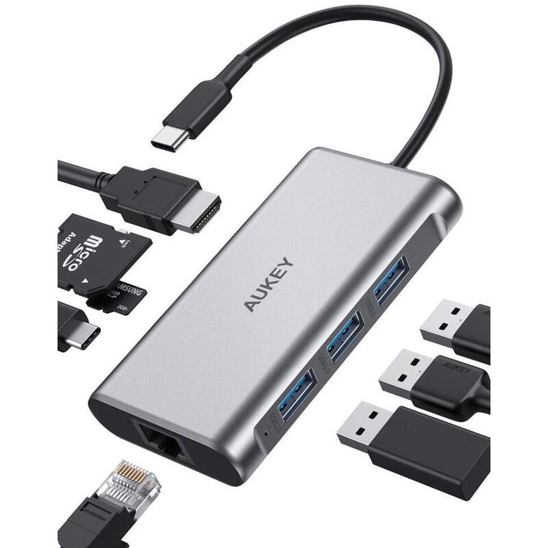 Hub  Aukey Cb-C91 Aluminium  Usb-C 8in1 Rj45 Eth