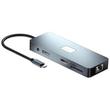 Hub Byl-2309 11 En 1 Usb Tipo-C A Hdmi/Microusb/Vga/Rj45/Usb3.2/Jack 3.5mm/Usb Tipo C 100w Plata