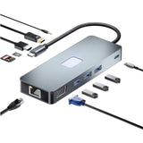 Hub Byl-2309 11 En 1 Usb Tipo-C A Hdmi/Microusb/Vga/Rj45/Usb3.2/Jack 3.5mm/Usb Tipo C 100w Plata