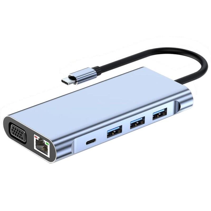 Hub Byl-2310 11-En-1 Usb Tipo-C A Hdmi/Usb 3.0/Rj45/Usb Tipo C/Pd/3.5mm Negro