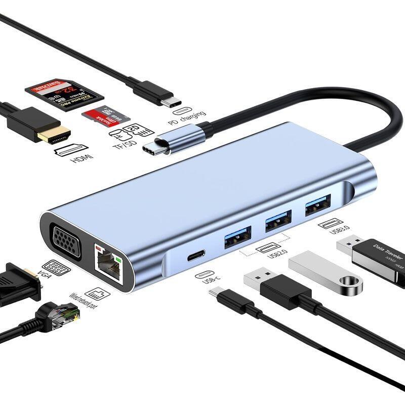 Hub Byl-2310 11-En-1 Usb Tipo-C A Hdmi/Usb 3.0/Rj45/Usb Tipo C/Pd/3.5mm Negro