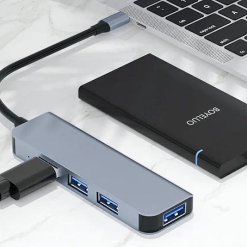 Hub Usb Byl-2013t 4 En 1 Usb Tipo C/Usb 3.0+Usb 2.0 Gris