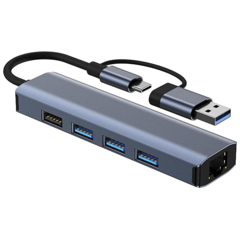 Hub Usb Byl-2208 5 En 2 Usb 3.0+Tipo-C/Rj45 (Gigabit)+Usb 3.0+2.0 Gris