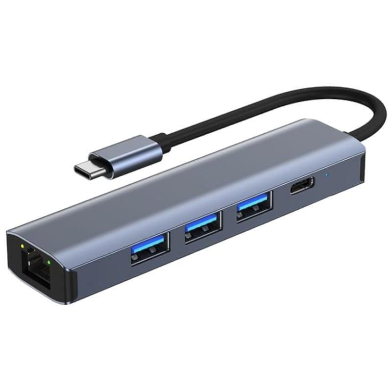 Hub Usb Byl-2302 5 En 1 Usb Tipo-C/Usb 3.0+Tipo C 100w+Rj45 Gris