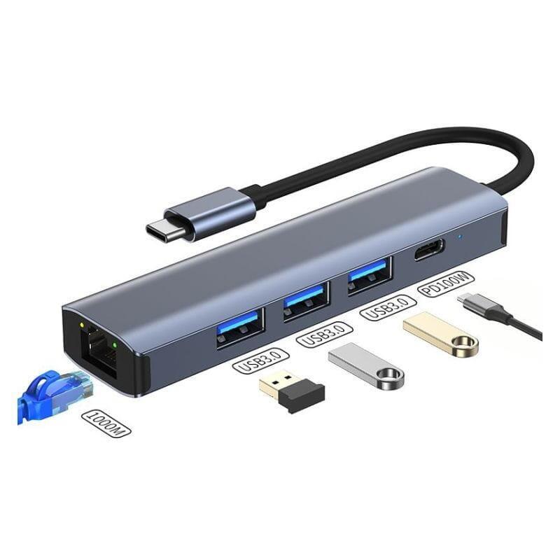 Hub Usb Byl-2302 5 En 1 Usb Tipo-C/Usb 3.0+Tipo C 100w+Rj45 Gris