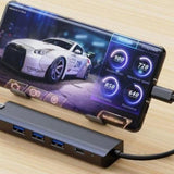 Hub Usb Byl-2302 5 En 1 Usb Tipo-C/Usb 3.0+Tipo C 100w+Rj45 Gris