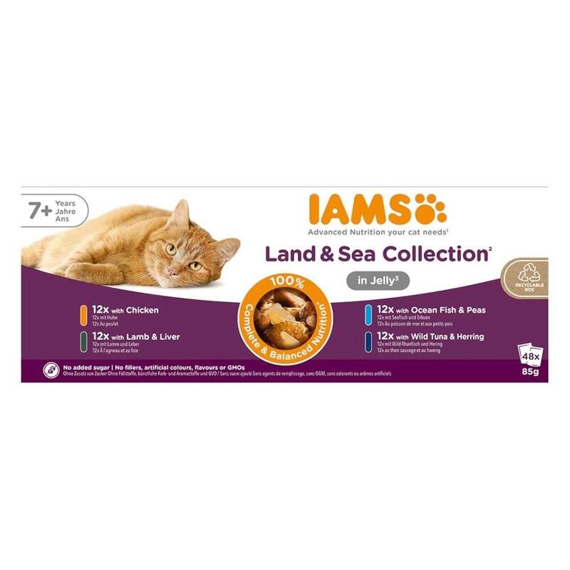 Iams Senior Meat & Fish Mix In Jelly Box  Alimento Húmedo Para Gato  48x85g