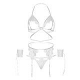Leg Avenue - Set Cuatro Piezas Sujetador, Liguero, Tanga Y Puños Talla Unica - Blanco