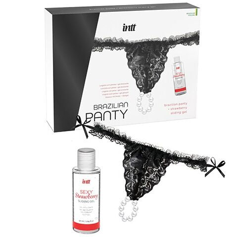 Intt Releases - Panty Brasileña Negra Con Perlas Y Gel Lubricante 50 Ml
