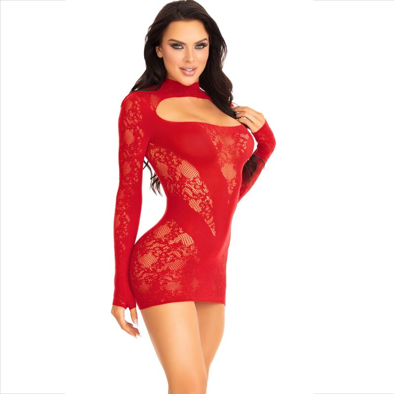 Leg Avenue - Mini Vestido De Encaje Con Manga Larga Rojo