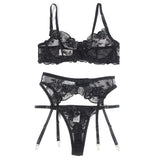 Subblime - Set De 3 Piezas Sujetador + Tanga + Liga Estampado Floral Negro S/M