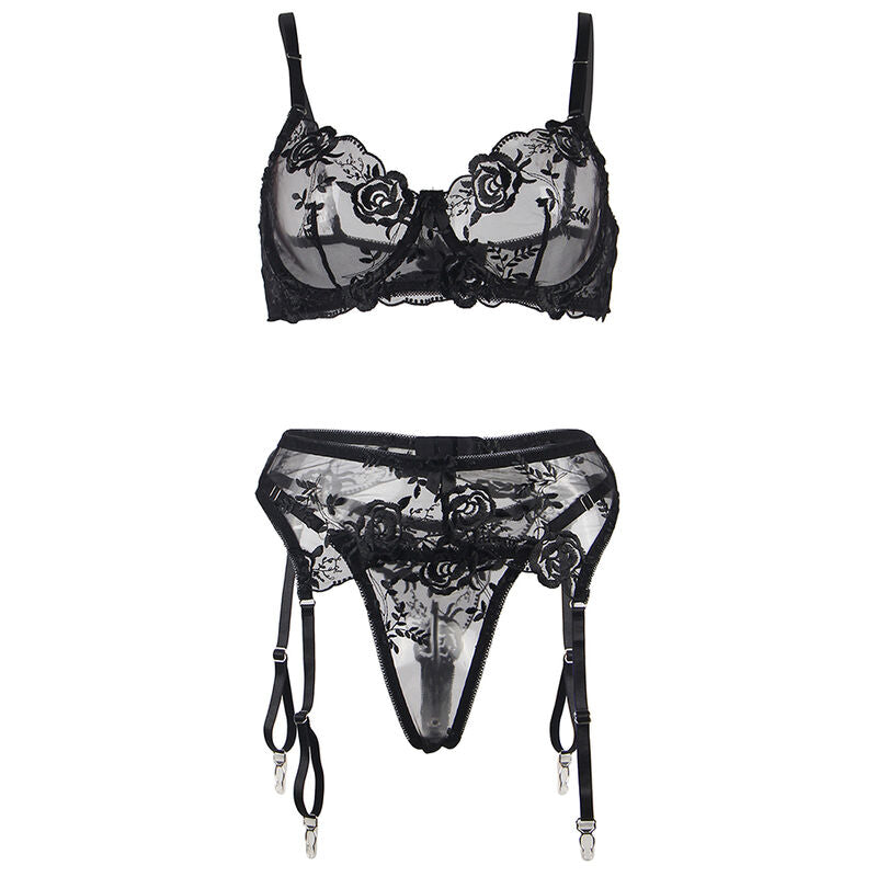 Subblime - Set De 3 Piezas Sujetador + Tanga + Liga Estampado Floral Negro S/M