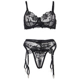 Subblime - Set De 3 Piezas Sujetador + Tanga + Liga Estampado Floral Negro L/Xl