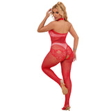 Subblime - 952372 Bodystocking Crotchless De Rejilla Y Encaje Con Cuello Alto Rojo Talla Única