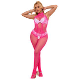 Subblime - 952389 Bodystocking Crotchless De Rejilla Y Encaje Con Cuello Alto Rosa Talla Única