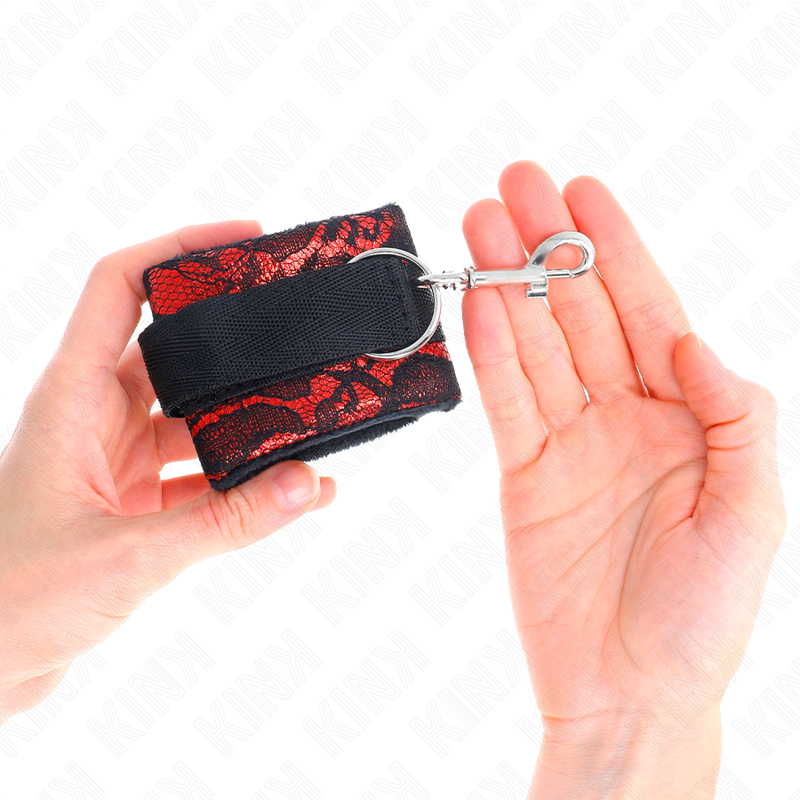 Kink - Muñequeras Cortas De Encaje Terciopelo Y Unión De Nylon Rojo/Negro 23 X 6.5 Cm