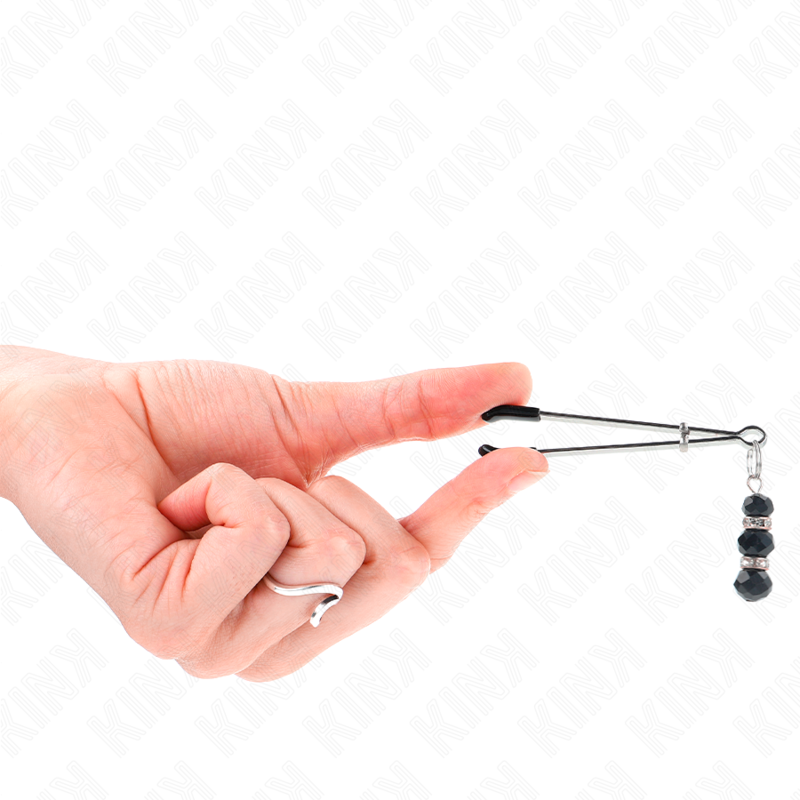 Kink - Pinzas Para Pezones Plateada Fina Con Triple Bola De Vidrio Negro 7 Cm