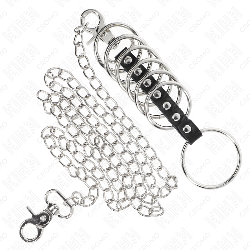Kink - 7 Anillos Pene Metal 3.8 Cm A 5 Cm Conectados Con Polipiel Y Cadena Metal 100 Cm