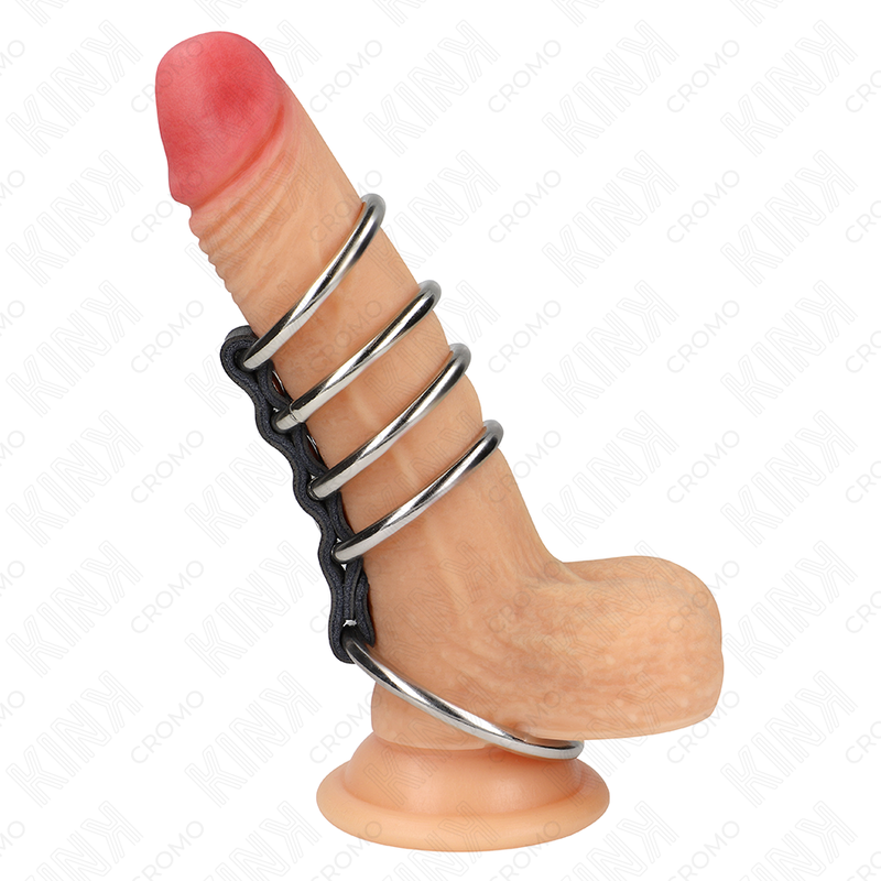 Kink - 5 Anillos Pene 3.7 Cm A 5 Cm Metal Conectados Por Cuero