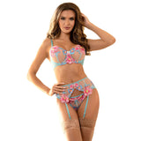 Subblime - 954116 Sujetador + Panties Con Liguero Diseño Floral Azul L/Xl