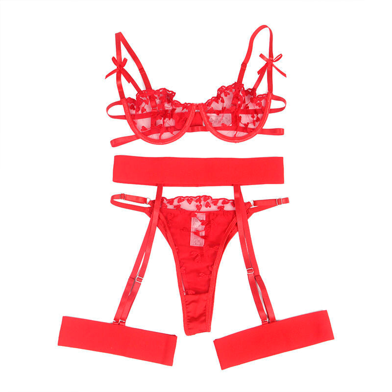 Subblime - 954338 Sujetador + Tanga + Ligueros Estampado De Corazones Rojo L/Xl