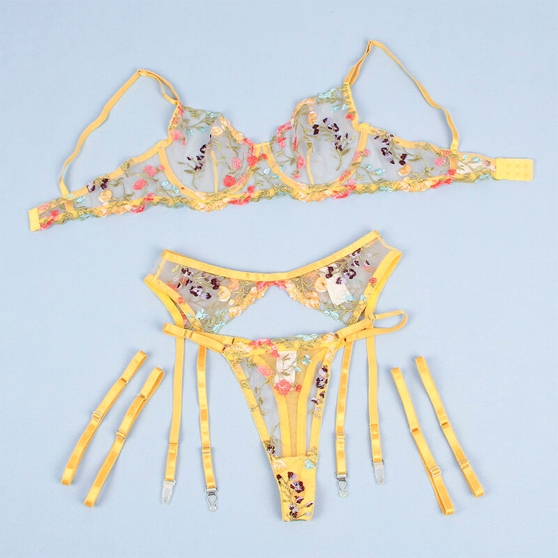 Subblime - 954345 Sujetador + Tanga + Ligueros Diseño Floral Amarillo S/M