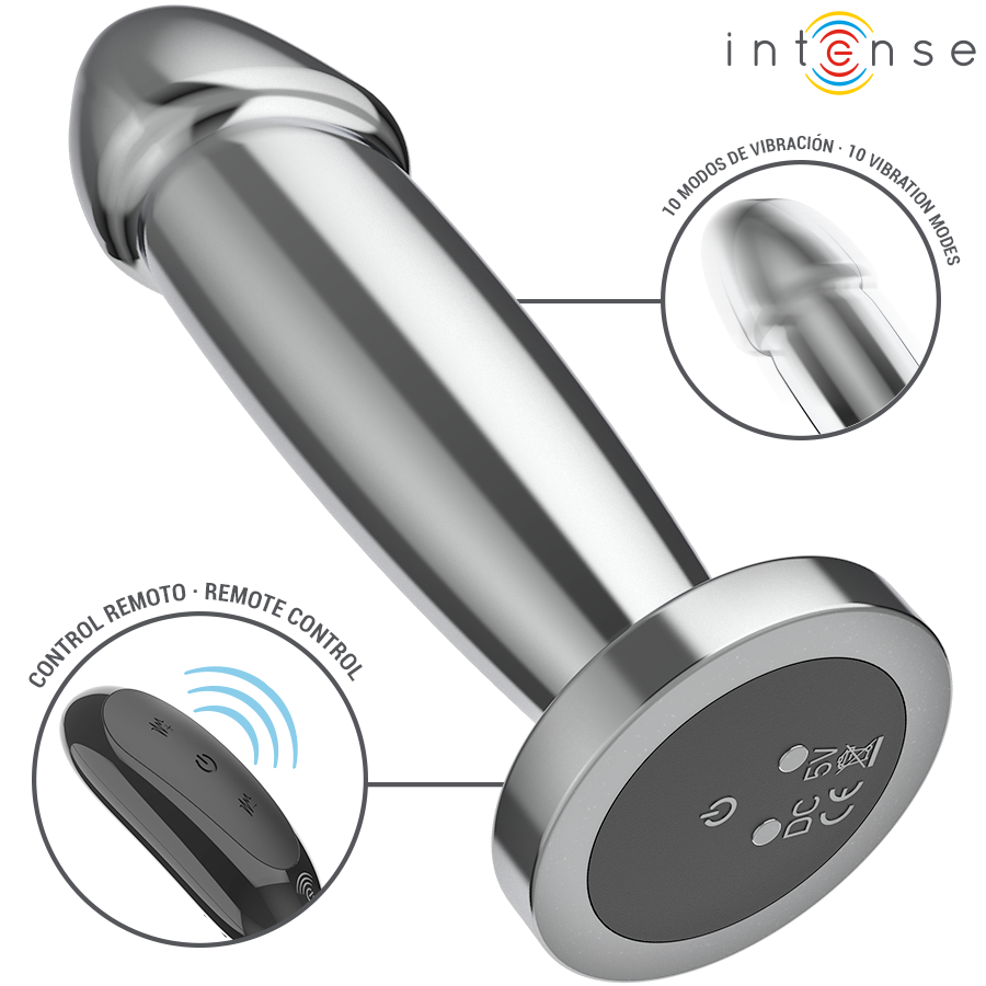 Intense - Plug Anal 10 Vibraciones Metal En Forma De Dildo Con Control Remoto S