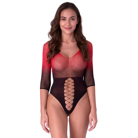 Passion - Bs118 Bodystocking De Malla Negro Y Rojo