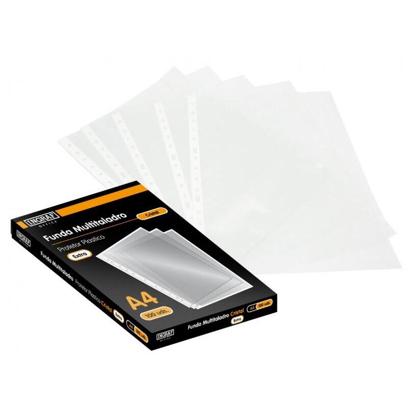 Ingraf Pack De 100 Fundas Multicristal A4 Transparentes - Uso En Carpetas Con Mecanismo De Anillas - Acabados En