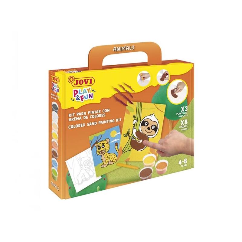 Jovi Play & Fun Kit Pinta Con Arena Animals Con 8 Botes De Arena + 1 Punzon + 3 Laminas Con Diseños De Animales